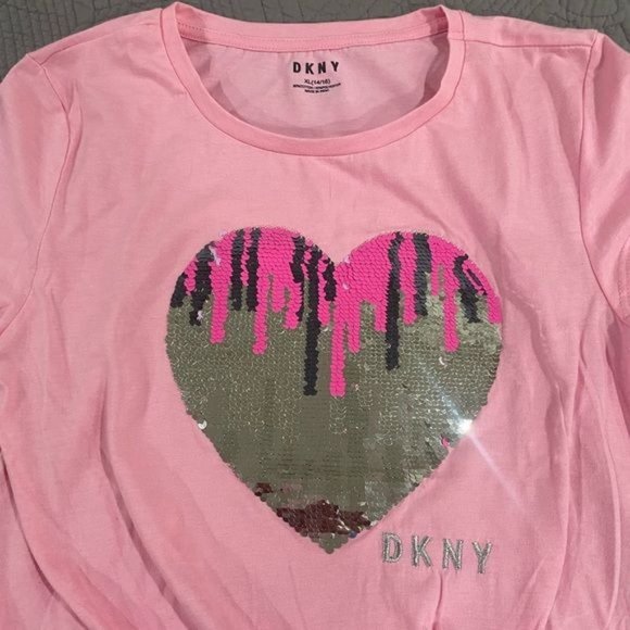 Girls XL 14/16 pink flip sequence DKNY t-shirt - Picture 2 of 7